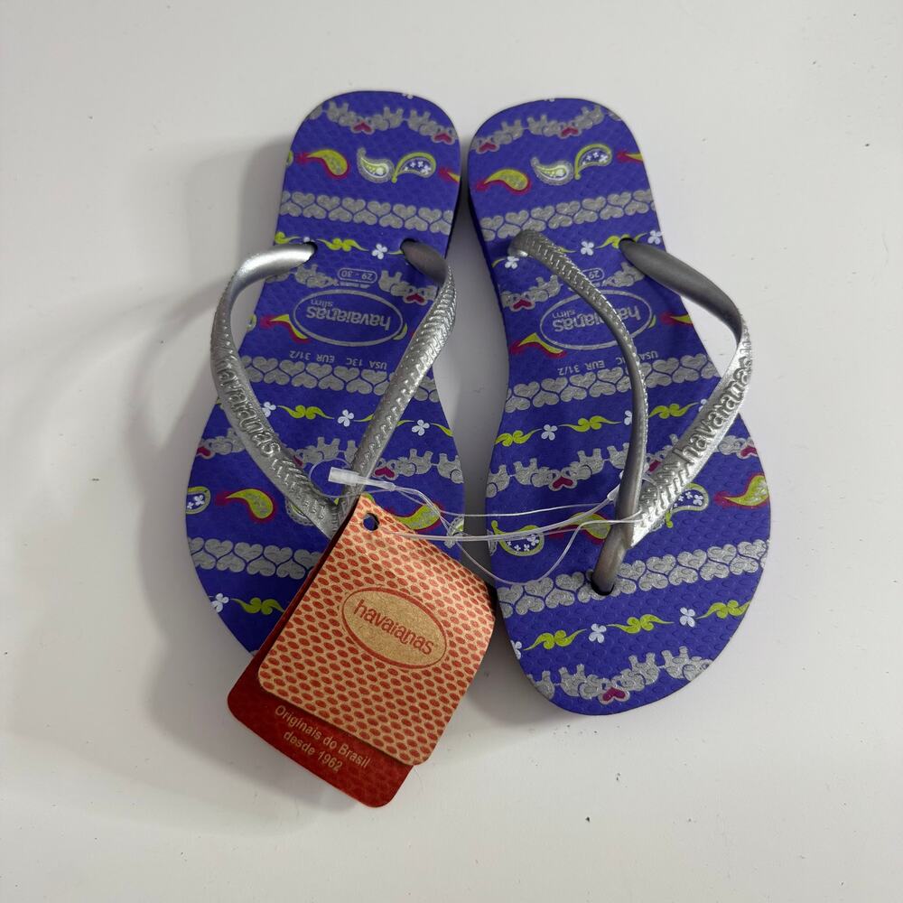NWT HAVAIANAS Girl's Purple Elephant Hearts Flip Flops 13